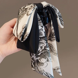 Pince à cheveux à motif floral avec grand nœud et longs rubans pour femmes