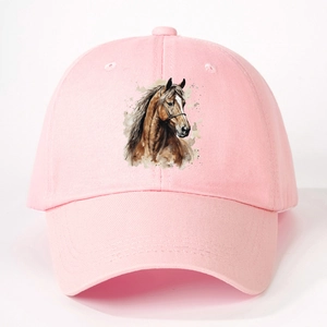 Pink baseball cap featuring watercolor horse print and classic curved brim design
