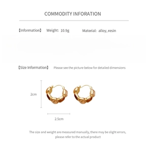 Detail view of resin square earrings showing dimensions, weight, and material info
