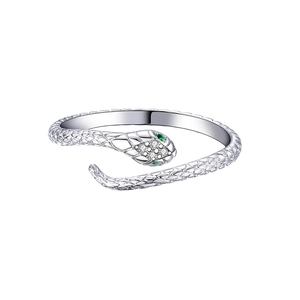 Elegant silver snake open ring with green stone eyes and sparkling diamonds on a white background