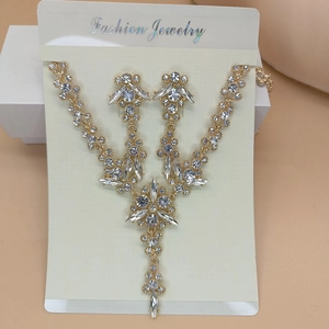 Close-up of elegant gold crystal bridal necklace and earrings set on jewelry card