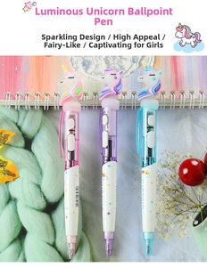 Close-up of unicorn light-up ballpoint pens in pastel pink, purple and blue colors