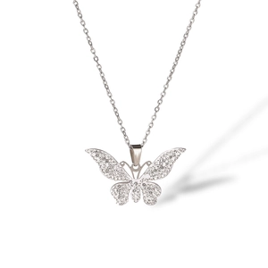 Silver butterfly pendant necklace with sparkling zircon crystals on a white background