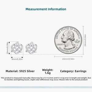 Size chart for S925 sterling silver Celtic knot heart earrings showing 10mm x 9mm dimensions