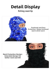Detail of knitted balaclava showing fleece texture and neck warmer design in blue and black