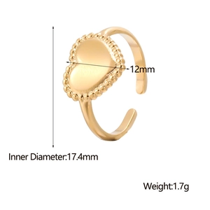 Adjustable golden heart open ring made of premium stainless steel on white background