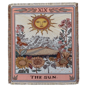Bohemian The Sun Tarot woven camping blanket with fringe edges on white background