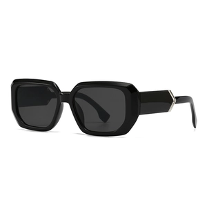 Modern square black sunglasses with thick frames and silver V-shaped metal accents