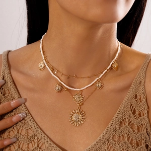 Layered Necklace Alloy Imitation Artificial Pearl Sun Face Portrait Charm Bohemian Vintage Style Jewelry For Women