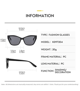 Detailed technical chart showing PC frame cat eye sunglasses measurements and specifications