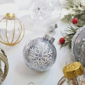 Shatterproof clear Christmas ornaments with silver sequins and snowflake patterns