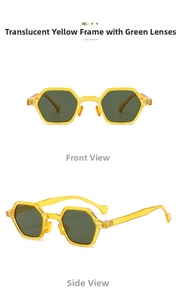 Detail view of retro hexagonal sunglasses in transparent yellow frame with green lenses