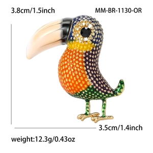 Vintage enamel toucan bird brooch with black crystal eyes and measurement details