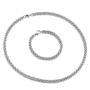 Polished stainless steel lantern chain necklace and bracelet set in silver finish