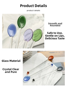 Detailed view of colorful glass stirring spoons with smooth edges and long handles