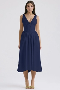 Close-up of navy blue deep V-neckline on a slim-fit woven maxi dress with waist cinching