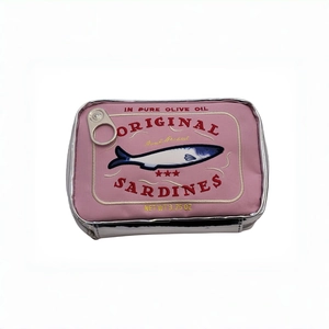 Pink sardines tin storage bag with creative sardine embroidery and silver metal zip ring
