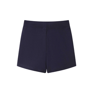 Detail showing deep blue yoga shorts with elastic waist and soft knit fabric texture