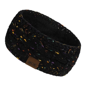 Détail d'un bandeau en maille noire avec mouchetures colorées et doublure polaire
