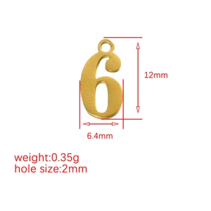 Gold stainless steel number 6 pendant with brushed finish and 12mm height dimensions