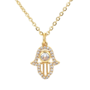 Golden Hamsa hand pendant necklace with sparkling micro-pave cubic zirconia crystals