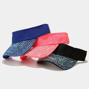 Women's rhinestone sun visor hats set in blue pink and black with colorful crystals