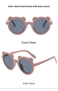 Front and side view of dusty pink bear-ear sunglasses for kids with grey lenses