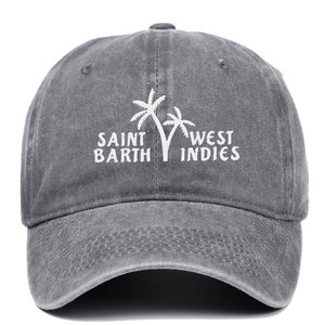 Vintage dark gray washed cotton baseball cap with embroidered white palm tree design