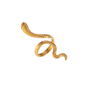Close-up of golden snake ring featuring intricate scale textures and spiral open design