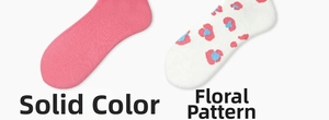 Detail showing pink knit socks and white socks with colorful floral leopard patterns