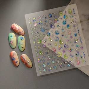 5D Embossed Nail Stickers Moon Star Clouds Macaron Romantic Ins Style With Rhinestone For Women Manicure Art