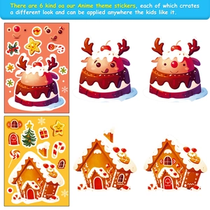 Detail of DIY Christmas stickers featuring gingerbread house and reindeer dessert patterns