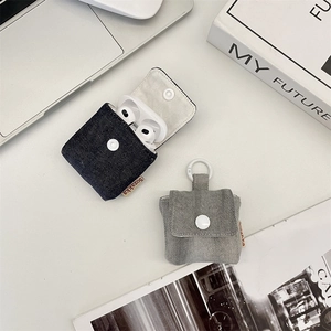 Detail of denim earphone cases in light gray and dark blue with white buttons