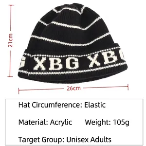 Striped knit beanie with XBG letters, warm acrylic winter hat, 21x26cm adult unisex style