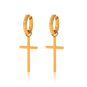 Polished gold stainless steel hoop earrings with hanging cross pendant for women