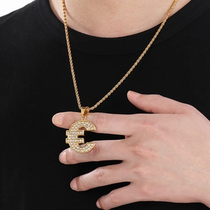 Gold plated hip hop rope chain with iced out Euro sign pendant and clear crystals