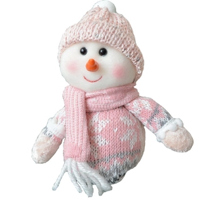 Pink knit hat snowman plush doll with silver sequins for Christmas tree decoration