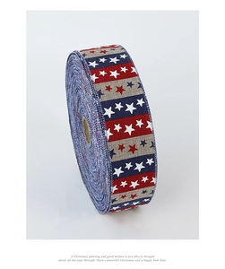 Detail of red white and blue star pattern burlap ribbon with stitched edges