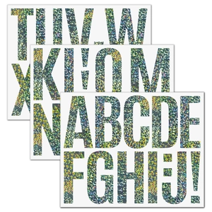 Detail of 3-inch waterproof holographic glitter letter stickers with a sparkling texture