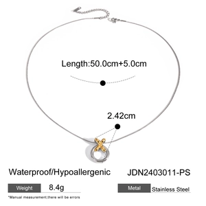Two-tone stainless steel heart pendant necklace on silver snake chain with measurements