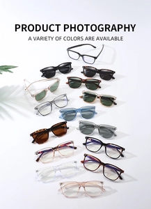 Flat lay of square frame sunglasses and optical frames in various colors with a soft shadow