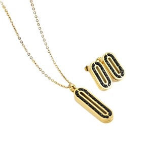 Elegant gold stainless steel jewelry set featuring oval black stone necklace and earrings