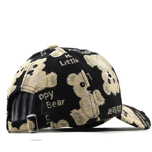 Black baseball cap with beige happy bear jacquard embroidery and metal back buckle