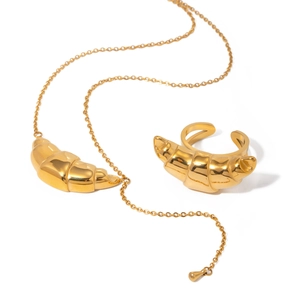 18k gold plated stainless steel croissant necklace and open ring jewelry set for women