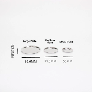 Three-piece 304 stainless steel tea filter set showing sizes from 55mm to 96.6mm diameter