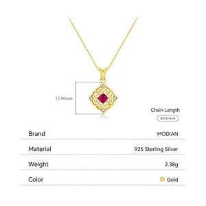 S925 sterling silver square necklace with red gemstone and gold plated vintage design