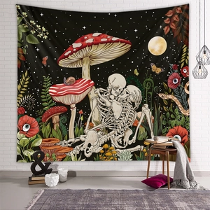 Black tapestry with surreal skulls and red mushrooms for modern wall decor