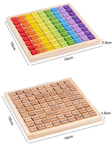 Close-up of dual-color wooden multiplication table blocks with 18x18cm size measurement