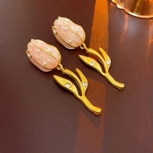 Vintage tulip drop earrings with pink enamel, pearls and rhinestones on a gold setting