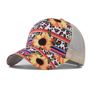Women's ponytail baseball cap with sunflower leopard print and grey mesh back